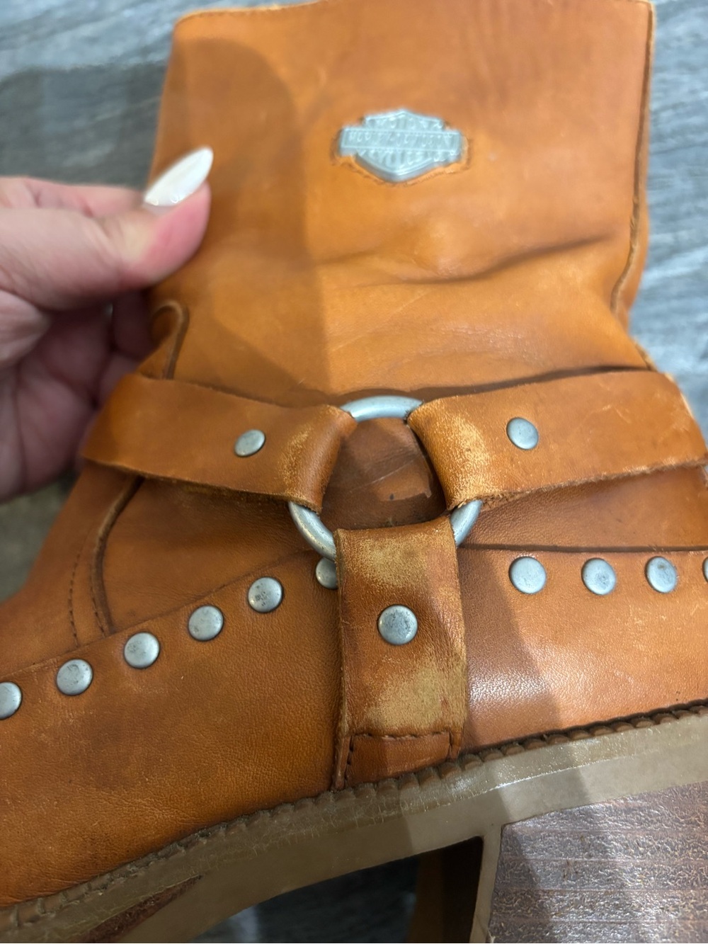 Harley Davidson Vintage Studded Leather Boots Tan Brown 8.5 Y2K Biker 84228 - Picture 5 of 10